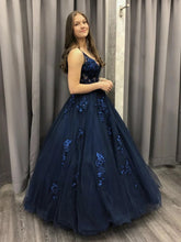 Vestidos de noche formales de tul con escote en V y corte A largos, vestidos de fiesta azul marino oscuro