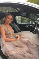 Long A-line V-neck Tulle Lace Wedding Dress with Fur Tulle Sweet Cape