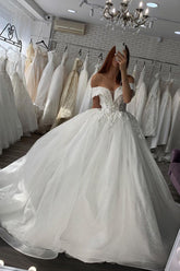 Long Ball Gown Sweetheart Off The Shoulder Satin Wedding Dress
