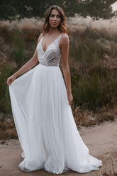 Long Boho A-line V-neck Chiffon Tulle Glitter Open Back Wedding Dress