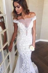 Long Mermaid Off The Shoulder Appliques Sweep Train Wedding Dress