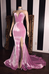 Long Mermaid Sweetheart Pink Velvet Prom Dresses with Slit