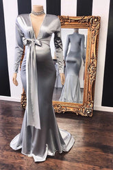 Long Mermaid V-neck Adjustable Pregnant Formal Dresses with Sleeves