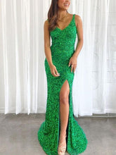 Long Mermaid V-neck Sequins Backless Prom Dress with Slit Green Formal Evening Gowns