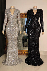 Long Mermaid V-neck Sequins Prom Dresses with Sleeves