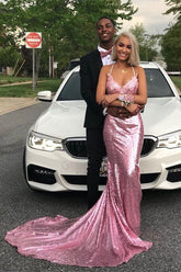 Vestido de fiesta largo de sirena con escote en V, tirantes finos, lentejuelas rosas y espalda descubierta