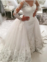Long Mermaid V Neck Sweep Brush Train Lace Tulle Wedding Dresses with Sleeves