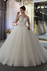 Long Sleeve A-Line Bateau Appliques Lace Sequins Wedding Dress