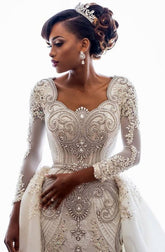 Long Sleeve Mermaid Beads Lace Appliques Wedding Dresses with Overskirt
