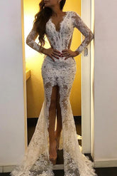 Long Sleeves White Mermaid V-neck Lace Formal Prom Dress with Slit