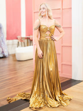 Lulu | Off the Shoulder Gold A-Line Metallic Pleated Long Formal Gown