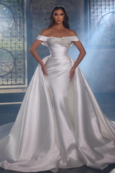Luxurious A-line Satin Off-the-shoulder Beading Sleeveless Wedding Dresses With Glitter