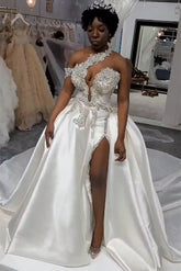 Luxurious Long White One Shoulder Sleeveless Jewel Wedding Dress With Detachable Train