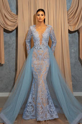 Luxury Long Blue Lace Mermaid Prom Dresses With Sleeves