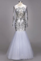 Mermaid Floor Length Long Sleeves Sequined Patterns Plus Size Tulle Prom Dresses