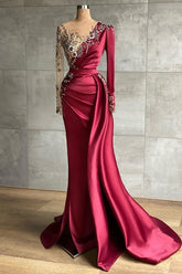 Mermaid Long V-neck Satin Burgundy Prom Dress with Sleeves