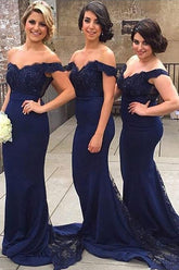 Mermaid Off-the-Shoulder Sweep Train Navy Blue Bridesmaid/Prom Dress PG406