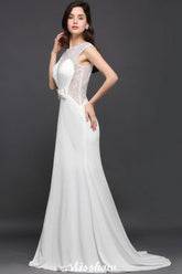 Meerjungfrau-Linie U-Ausschnitt Weiß Chiffon Perlen verziert Abendkleid