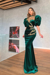 Modern Dark Green Bubble Sleeves Mermaid Prom Dress With Appliques