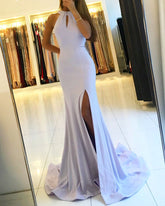 Modern Long Mermaid Halter Keyhole Backless Prom Dress With Slit