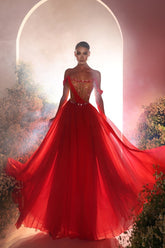 Vestido de fiesta moderno largo rojo de gasa con hombros descubiertos y cuentas, corte en A