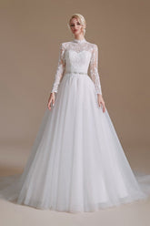 Modest Long A-line High Neck Tulle Lace Wedding Dresses with Sleeves
