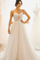 Modest Long A-line Spaghetti Straps Tulle Backless Wedding Dress