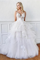 Modest Long A-line V-Neck Spaghetti Straps Tulle Backless Wedding Dress