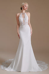 Modest Long Mermaid Halter Backless Satin Wedding Dresses with Appliques Lace
