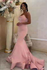 Modest Long Mermaid Strapless Satin Pink Prom Dress