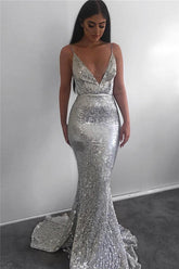 Modest Long Mermaid V-neck Sequined Open Back Prom Dress