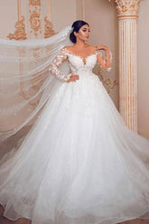 Modest Long Princess Tulle Lace Wedding Dress with Sleeves