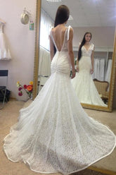 Neck Sleeveless Pretty Mermaid Gown With Deep V Back Long Lace Elegant Wedding Dresses