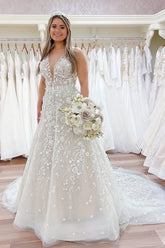 Nectarean V-Neck Sleeveless A-Line Floor-Length Lace Wedding Dresses with Chapel Train