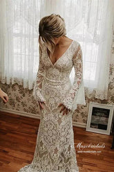 Lace Mermaid V-neck Long Sleeves Backless Vintage Wedding Dresses MW892