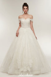 Off-shoulder Sweetheart A-line Lace-up Floor Length Lace Appliques Wedding Dresses