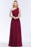 One-shoulder Floor Length Burgundy Ruffled Chiffon A-line Bridesmaid Dresses
