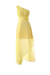 One Shoulder Floor Length Chiffon Yellow Bridesmaid Dress With Flower BD015