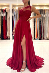 One Shoulder Red Prom Dress Floor Length Sleeveless Maxi Dress with Front Slit