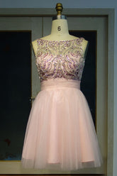Pink Crystal Beading A-line Short Scoop Sleeveless Prom Dresses
