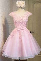 Pink Lace Short Tulle Homecoming Dresses Party Dresses with Cap Sleeves PG138