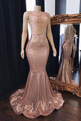 Pink Sequins Mermaid Prom Dresses Long Tulle Backless Evening Gowns