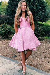 Pink V-Neck Pleated Satin Short Homecoming Dress With Pockets PD278