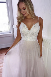 Precious Long A-line Spaghetti Straps Appliques Lace Backless Prom Dress