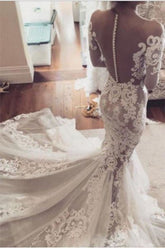 Pretty Pretty Mermaid Lace Appliques Long Sleeves Sheer Tulle Elegant Wedding Dresses
