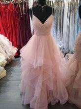 Romantic Pink Spaghetti Straps A-line Tiered Ruffles Prom Dress Glitter Pink Evening Dress Y1072