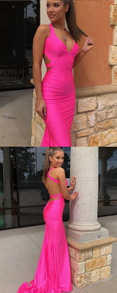 Hot Pink Halter Satin Mermaid Evening Dress Simple Long Prom Dress Y942