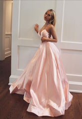 Elegant Pink Sleeveless Satin Long Prom Dress Modest V Neck Pink Evening Dress Y1075
