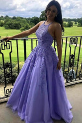 Lace Appliques Lavender Long Prom Dress Halter A Line Graduation Evening Dresses Y897