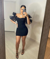 Women Sexy Puff Sleeve Ruffles Dress Mesh Off Shoulder Mini Party Dress Short Black Homecoming Dress Y786